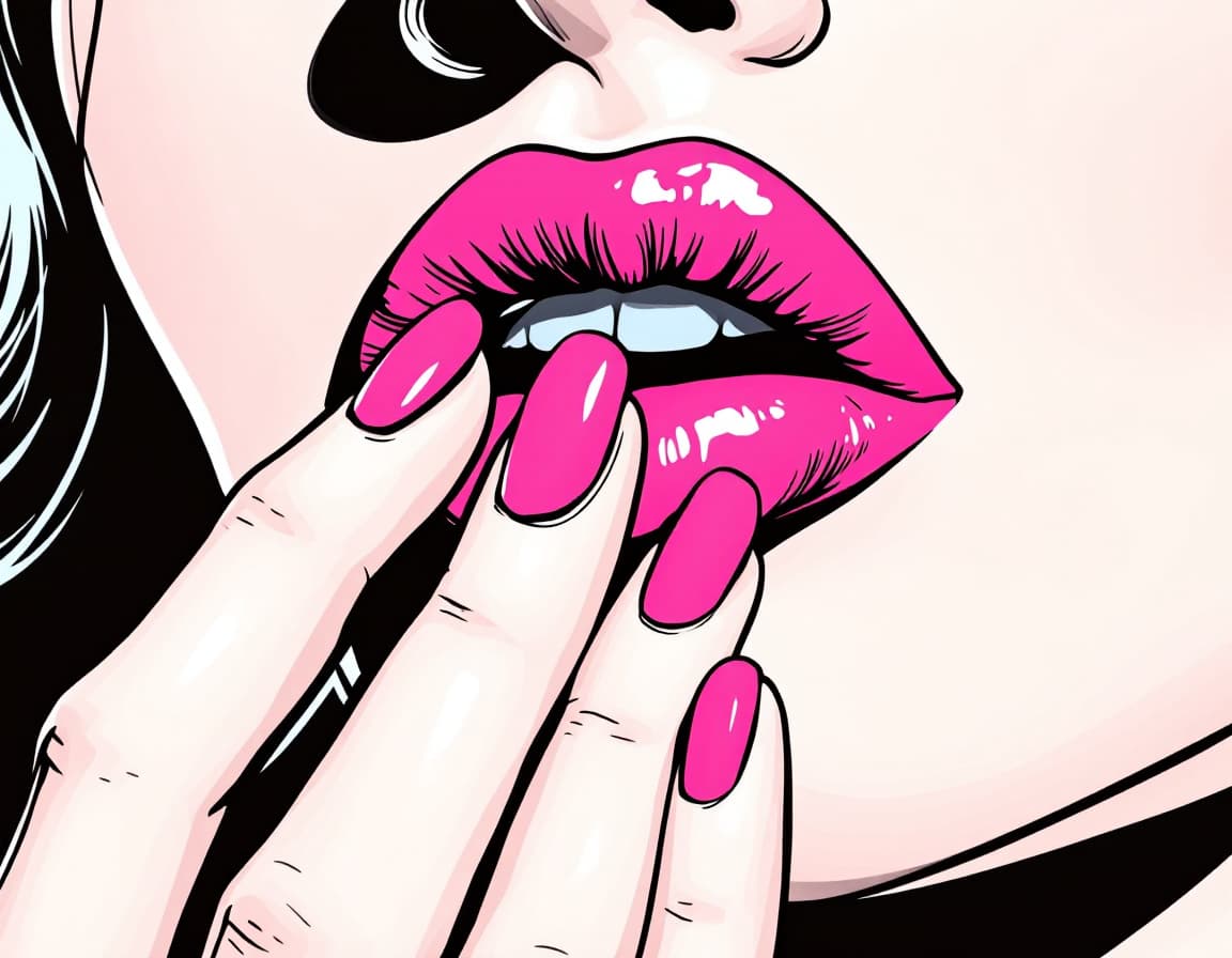 AI generated: Close-up of a woman's hand holding and kissing pink lips, in the style of Moebius, Josan Gonzalez, P...