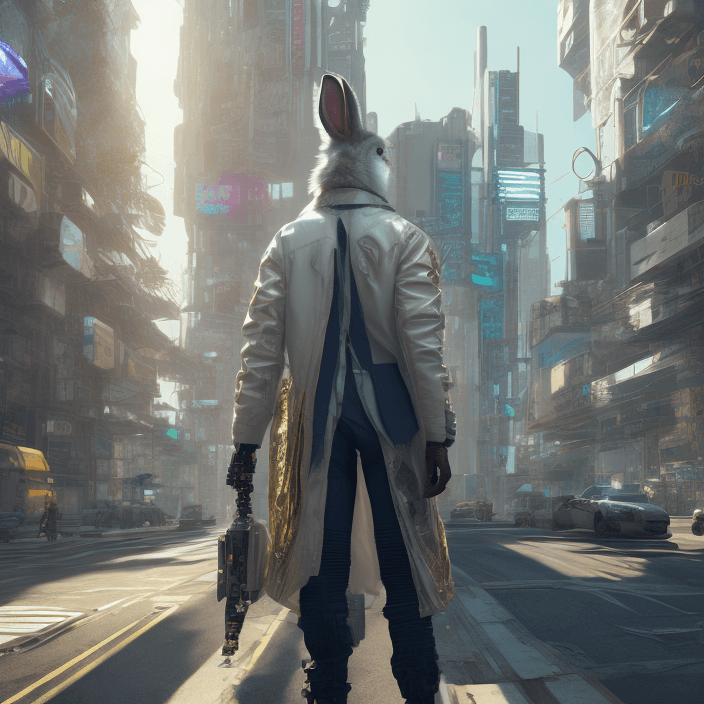 AI generated:  Only one cyberpunk male rabbit from behind and far| hyperrealism| intricate details| unreal engine ...