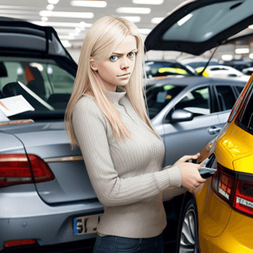 AI generated: danish blonde female shopping for cars