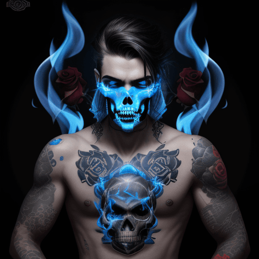 AI generated: Tattoos on his arms, skulls, roses in his mouth, blue flames emanating from inside his eyes