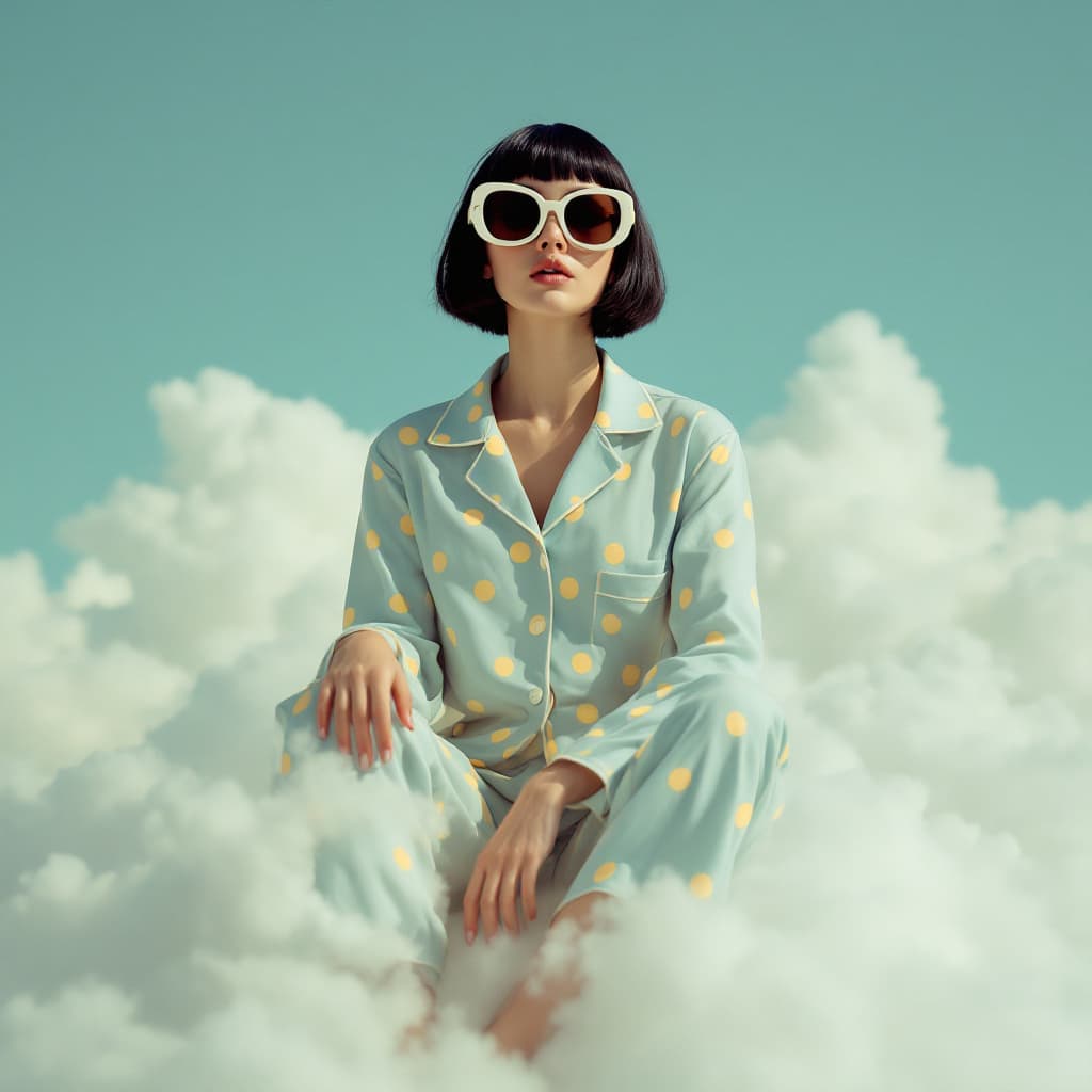 AI generated: A photo of an eccentric woman sitting on top of white fluffy clouds wearing big sunglasses and light...