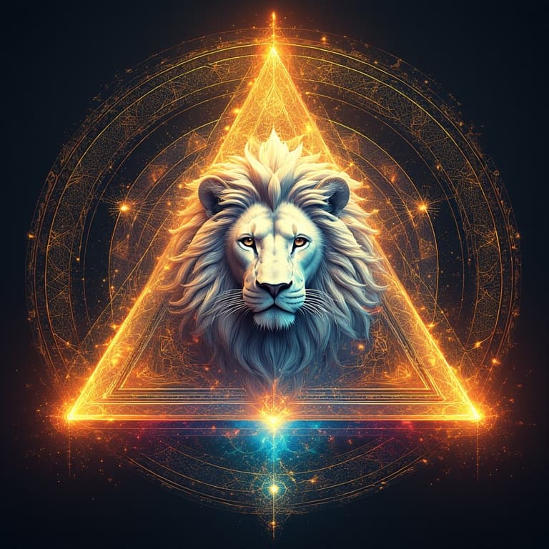 AI generated: White lion inside a sacred geometric triangle, surrounded by intricate fractal patterns, golden rati...