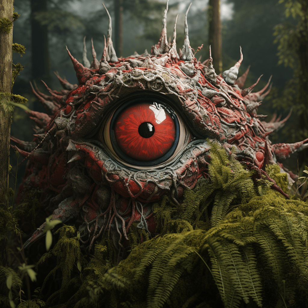 AI generated: a scary looking wood creature with a red eye, in the style of filip hodas, daz3d, sandy skoglund, na...