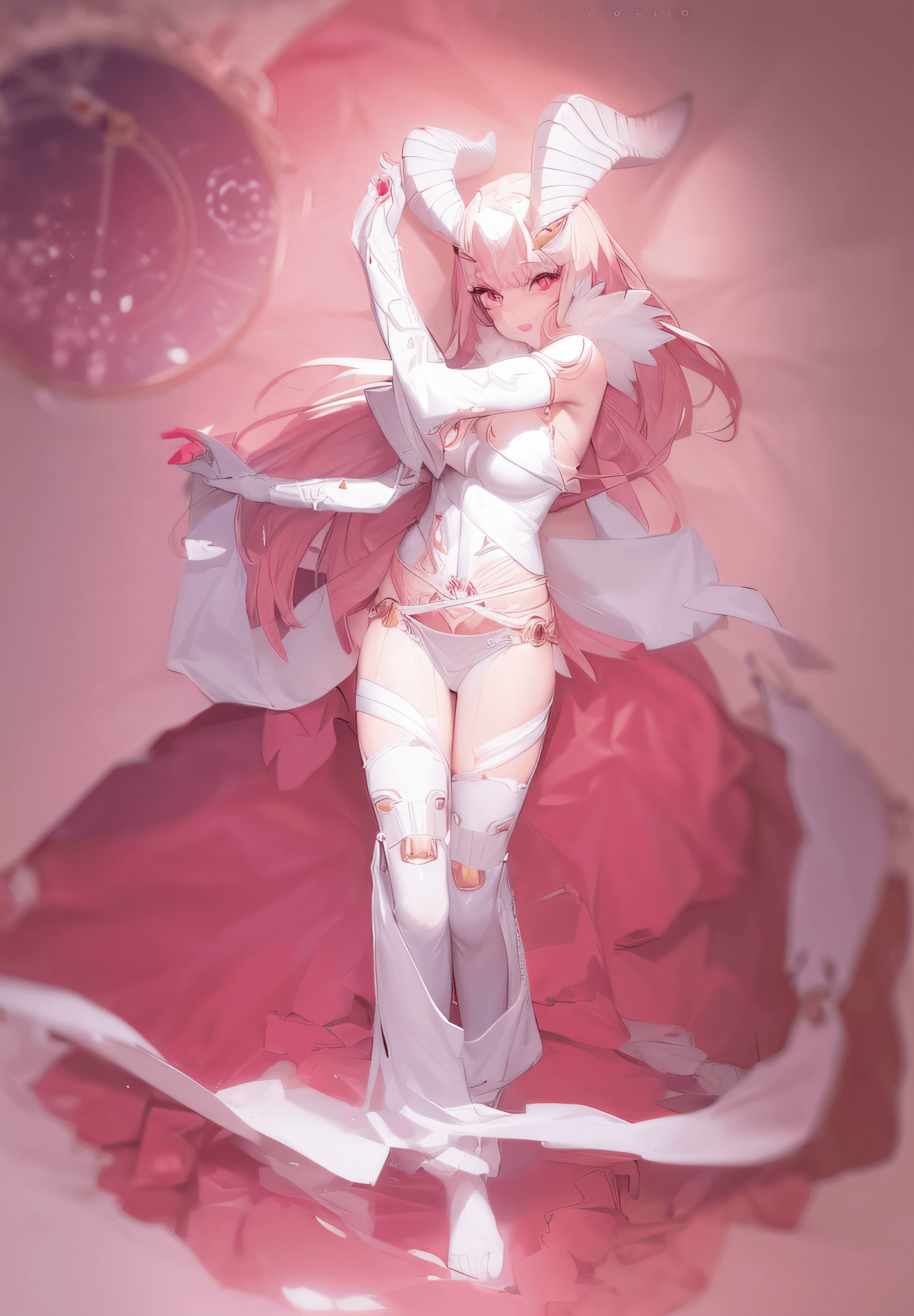 AI generated: anime girl with horns and a white dress holding a sword, beautiful full body concept art, anime woma...