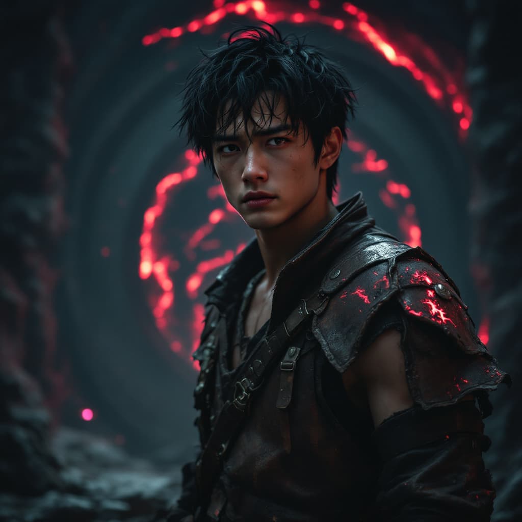 AI generated: Description: A young man with messy black hair and a slim build wearing tattered hunter gear. He loo...