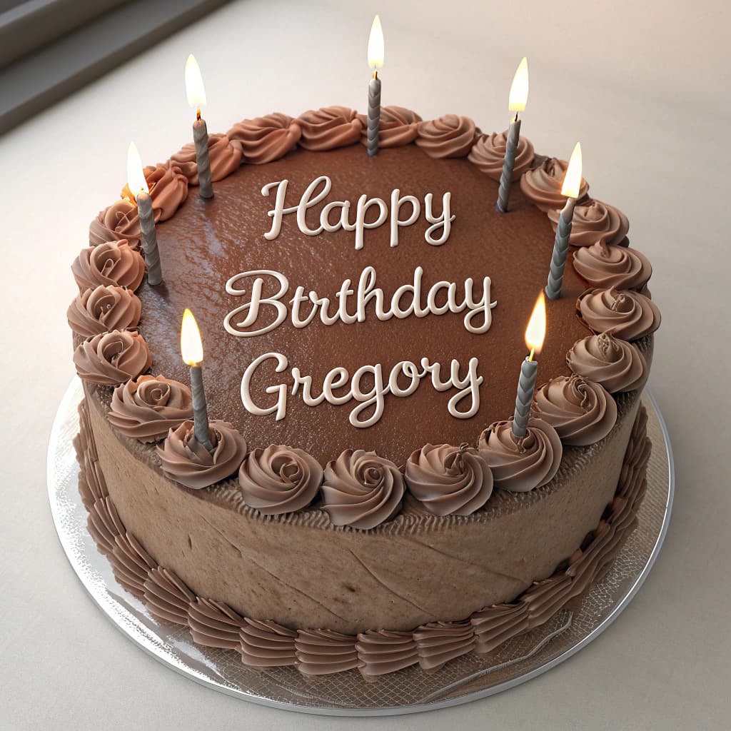 AI generated: hyper realism, high detail, cake, that says happy birthday Gregory on the icing, whole cake, 42 cand...