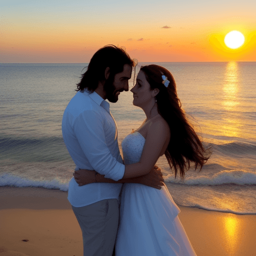 AI generated: pareja de enamorados en el mar con la puesta del sol