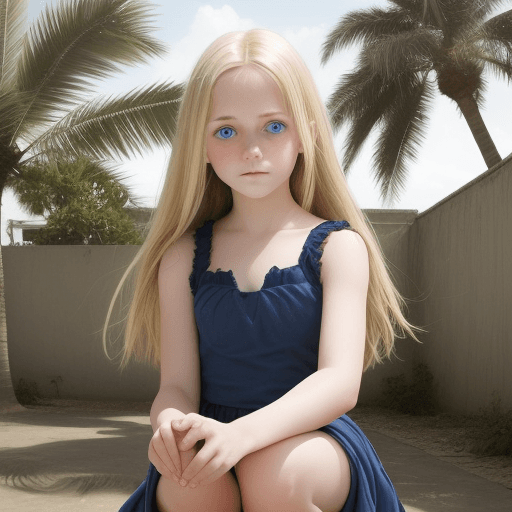 AI generated: Girl 12 years old, blue eyes, blonde hair, stands on one knee and reaches for the upper right corner...