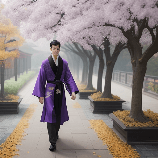 AI generated: A handsome young man was walking under the ginkgo tree in the bleak autumn wind, wearing a purple ro...