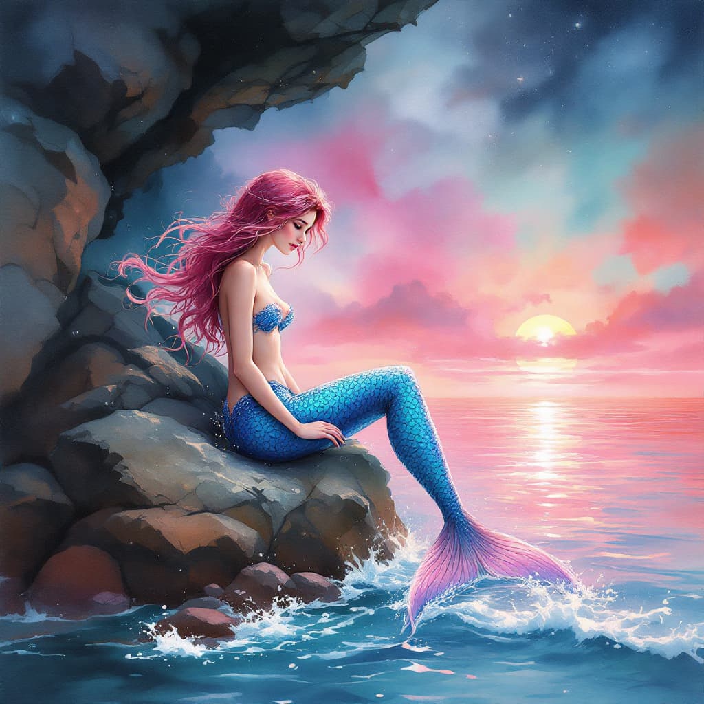 AI generated: a beautiful mermaid sitting on the rocks with the lapping sea water rendered in an Ethereal Watercol...