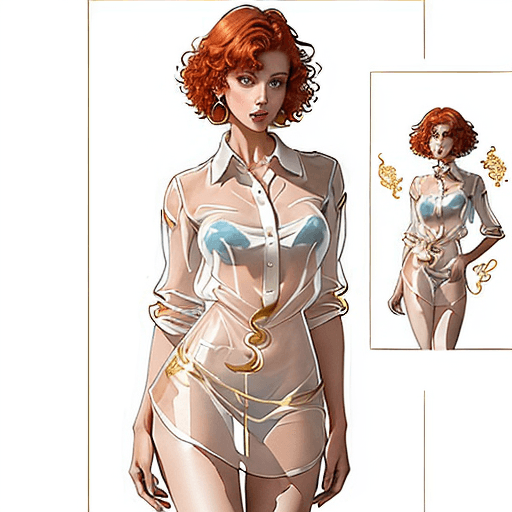 AI generated: simple cartoon heavenly redhead, short curly hair, in a transparent dress, shirt-type shirt, long le...