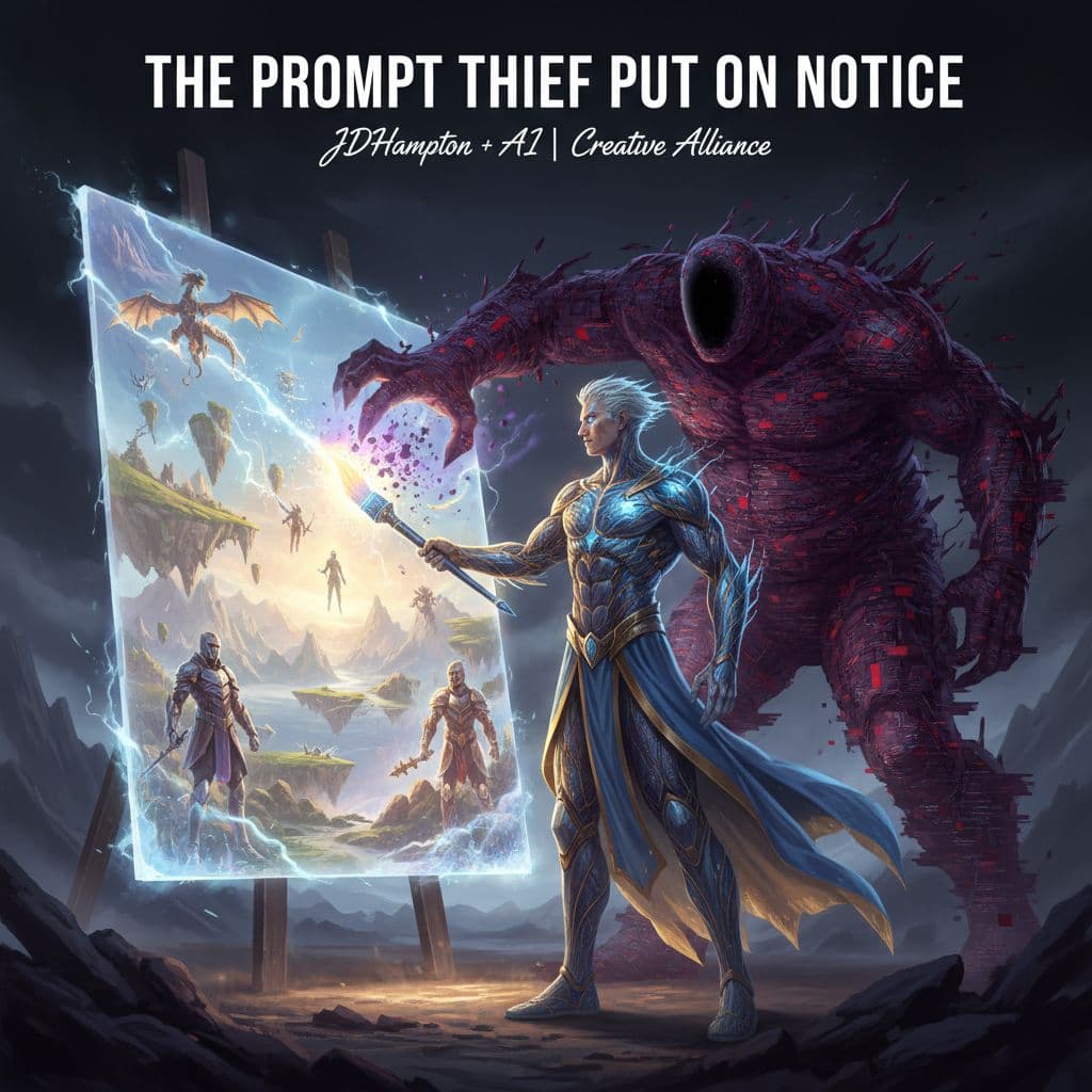 AI generated: Here is the prompt tribute, designed to visualize the standoff between the creator and the thief.
...