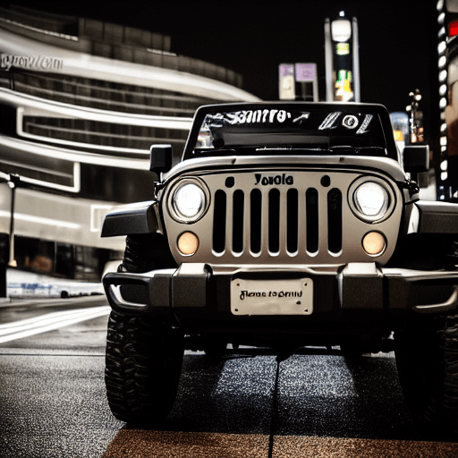 AI generated: a detail of photorealistic. front Jeep Wrangler Willys car. rainy midnight. Tokyo midtown. cinematic...