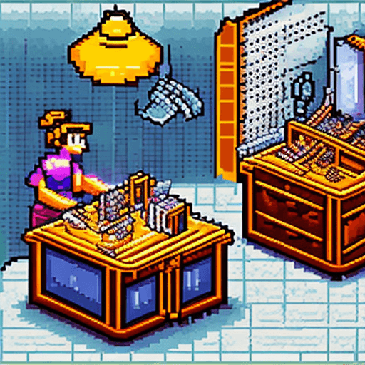 AI generated: man and woman working in magic jewerly workshop, style of snes 32 bits, clean pixel art  