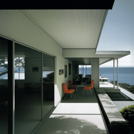 AI generated: Hyper realistic eye level exterior photo of a mid century modern style house overlooking the ocean, ...