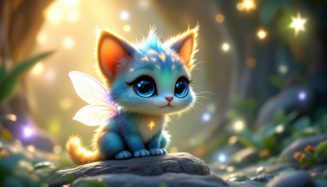 AI generated: "A small magical 3D cartoon creature, about the size of a cat, with shimmering multi-colored fur and...
