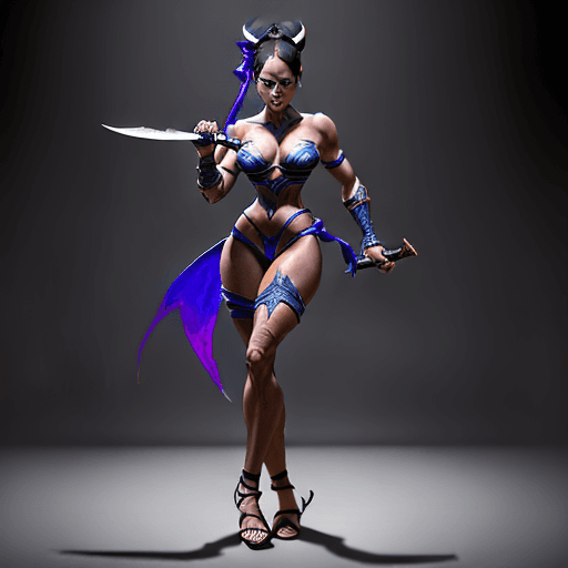 AI generated: depiction of Kitana full body, from Mortal Kombat, skimpy attire tautly hugging her form as she pois...