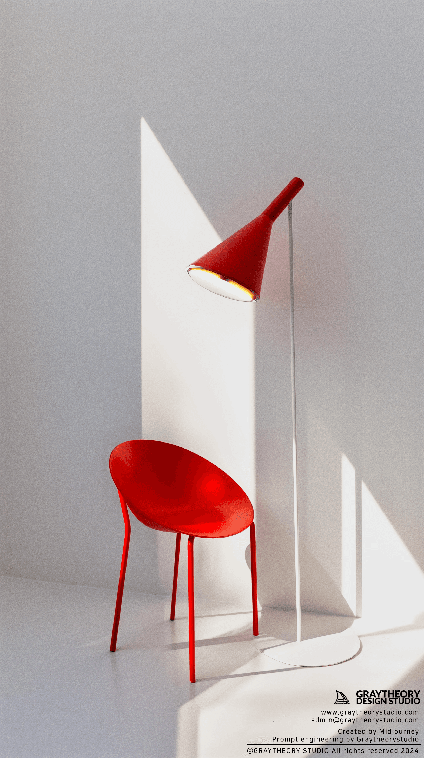 AI generated: AJ Floor Lamp by Louis Poulsen, white studio, Leica SL2, 50mm f/2 lens, lamp's vibrant red color and...