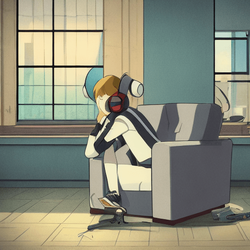 AI generated: high definition anime portrait of a man sitting in an armchair at home thinking about things, with h...