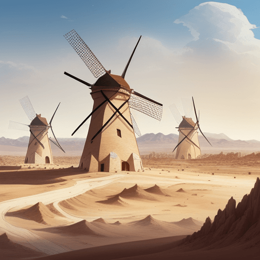 AI generated: desert landscape background with medieval huge white windmills, concept art, character design, highl...