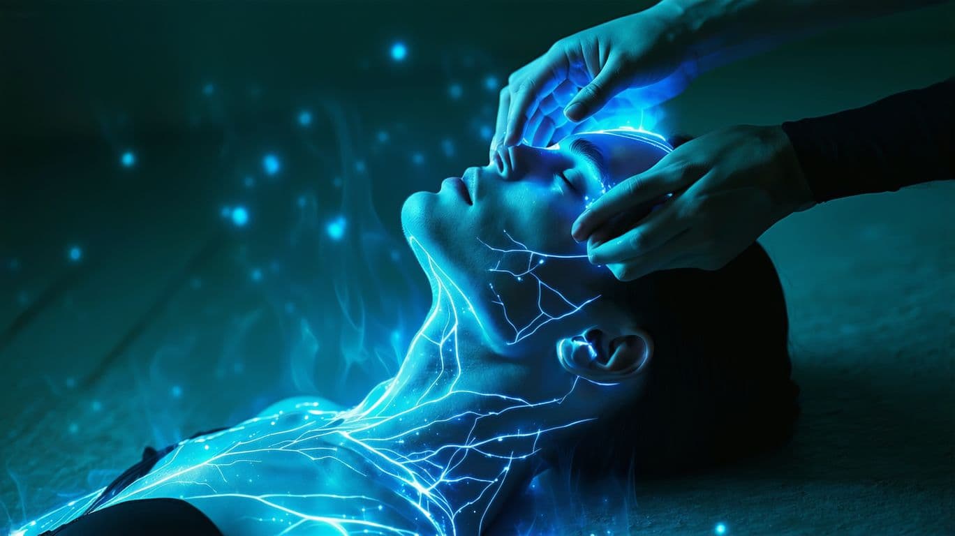 AI generated: A digital art piece depicting a mystical healing scene with ethereal lighting. A figure in a black t...