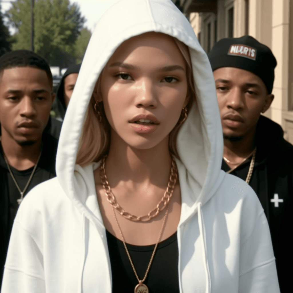 AI generated: screen cap restored from security camera,a hooded thug life girl sasha luss in the hood, surrounded ...