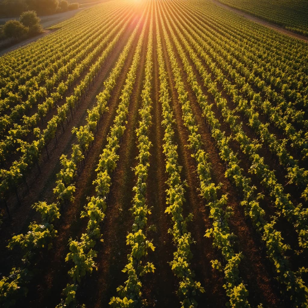 AI generated: “Drone photo from directly above a vineyard, rows of grapevines aligned with perfect spacing, golden...