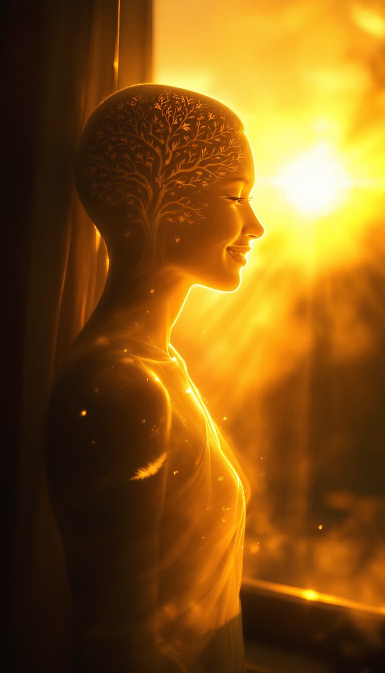 AI generated: A sunrise seen through a translucent human figure standing by the window, their form subtly dissolvi...