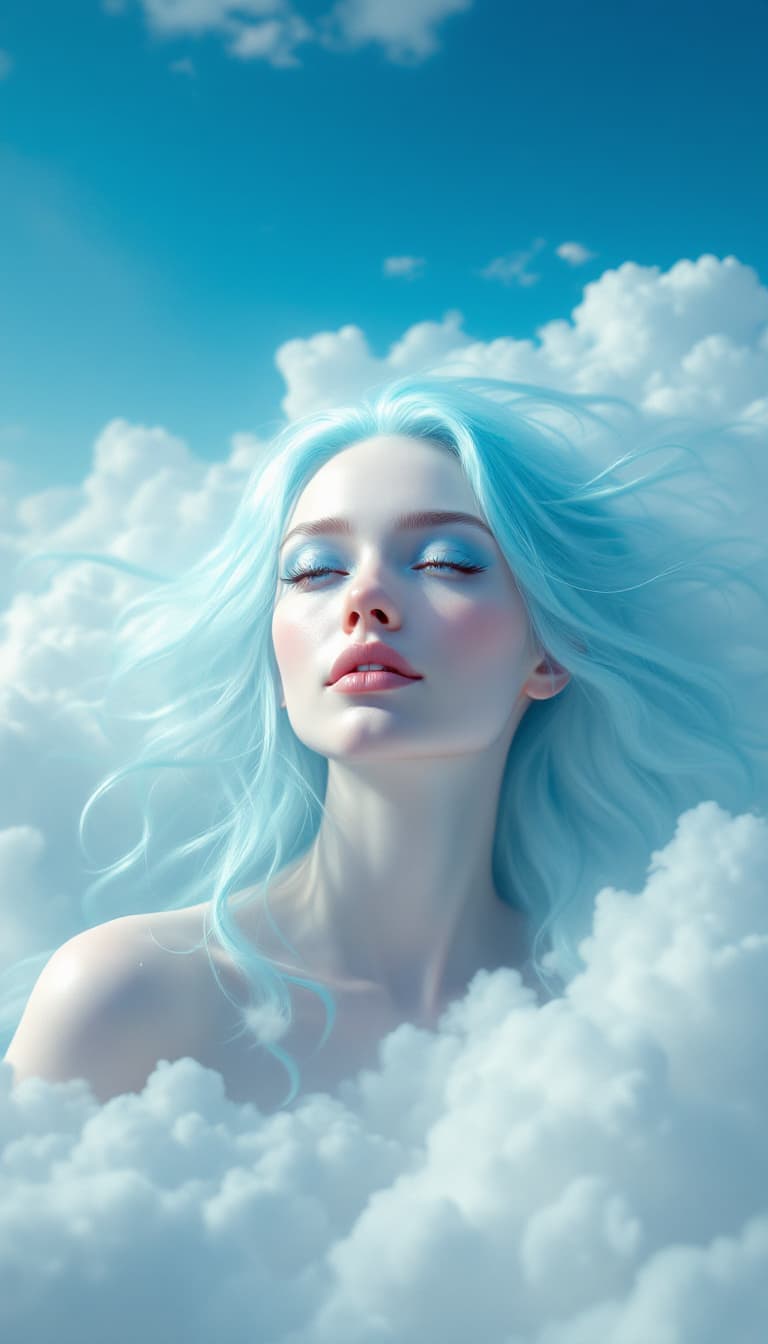 AI generated: Fantasy sky queen with clouds hair :: photorealistic::1 natural lighting::1 macro lens::1 garald bro...