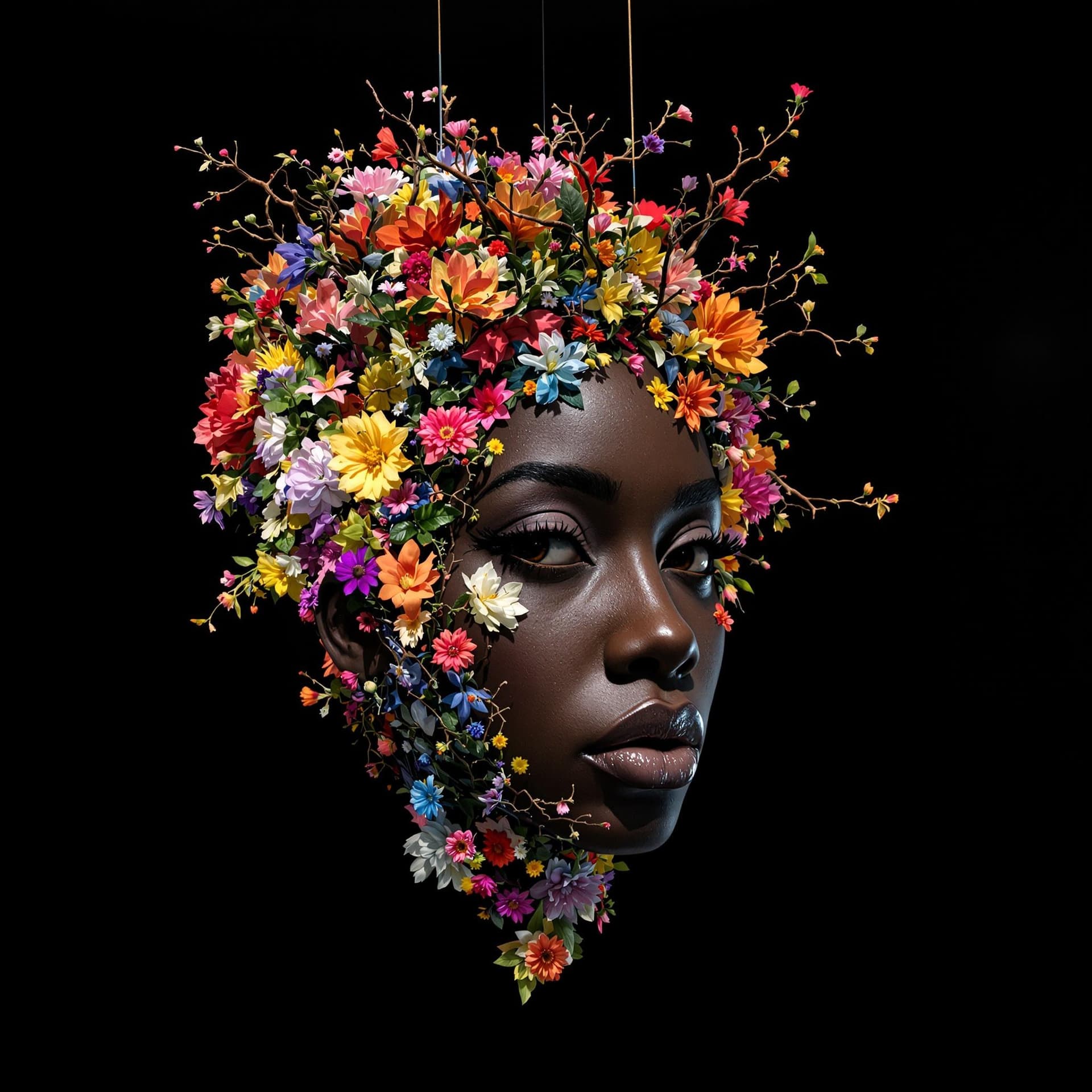 AI generated: 3d sculpture art suspended in air. Suspended in darkness, Sculpture of the head dark skin African Am...