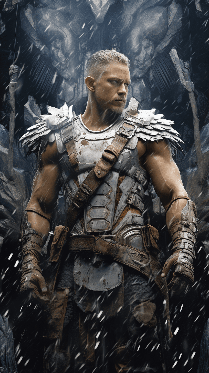 AI generated: ((masterpiece, best quality, detailed)), outdoor arena, wind_lift, charlie hunnam as a cyberpunk gla...