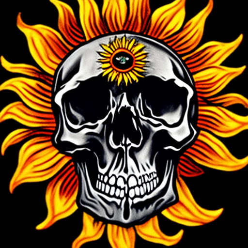AI generated: A skull with tousands flowers in eyes, looking the sun in the black sky