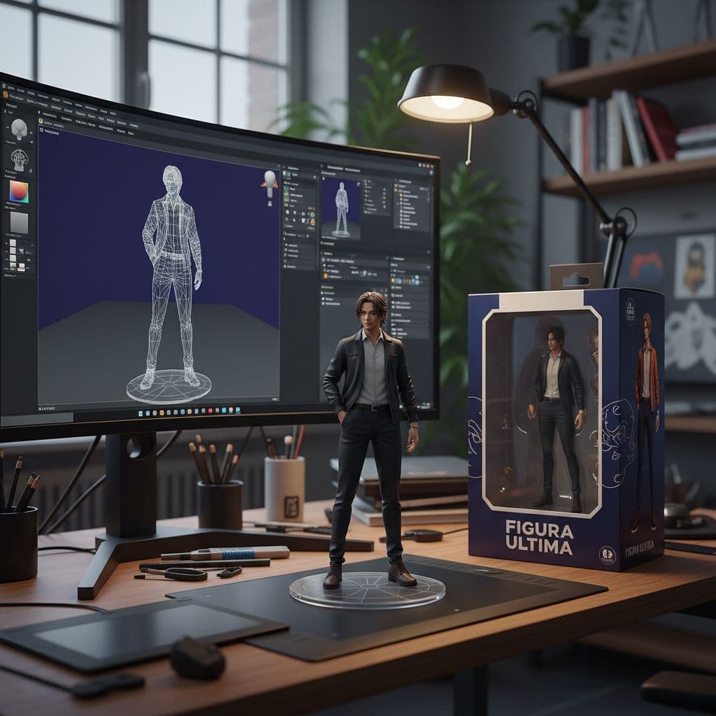 AI generated: Transforming the photographed person into a realistic 3D figurine in front of a computer desk. The c...