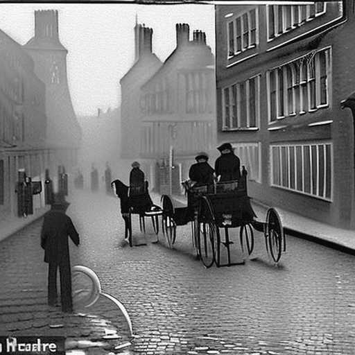 AI generated: 1880s Misty Victorian filthy midnight London cobbled streets with horse drawn carriages, british bob...
