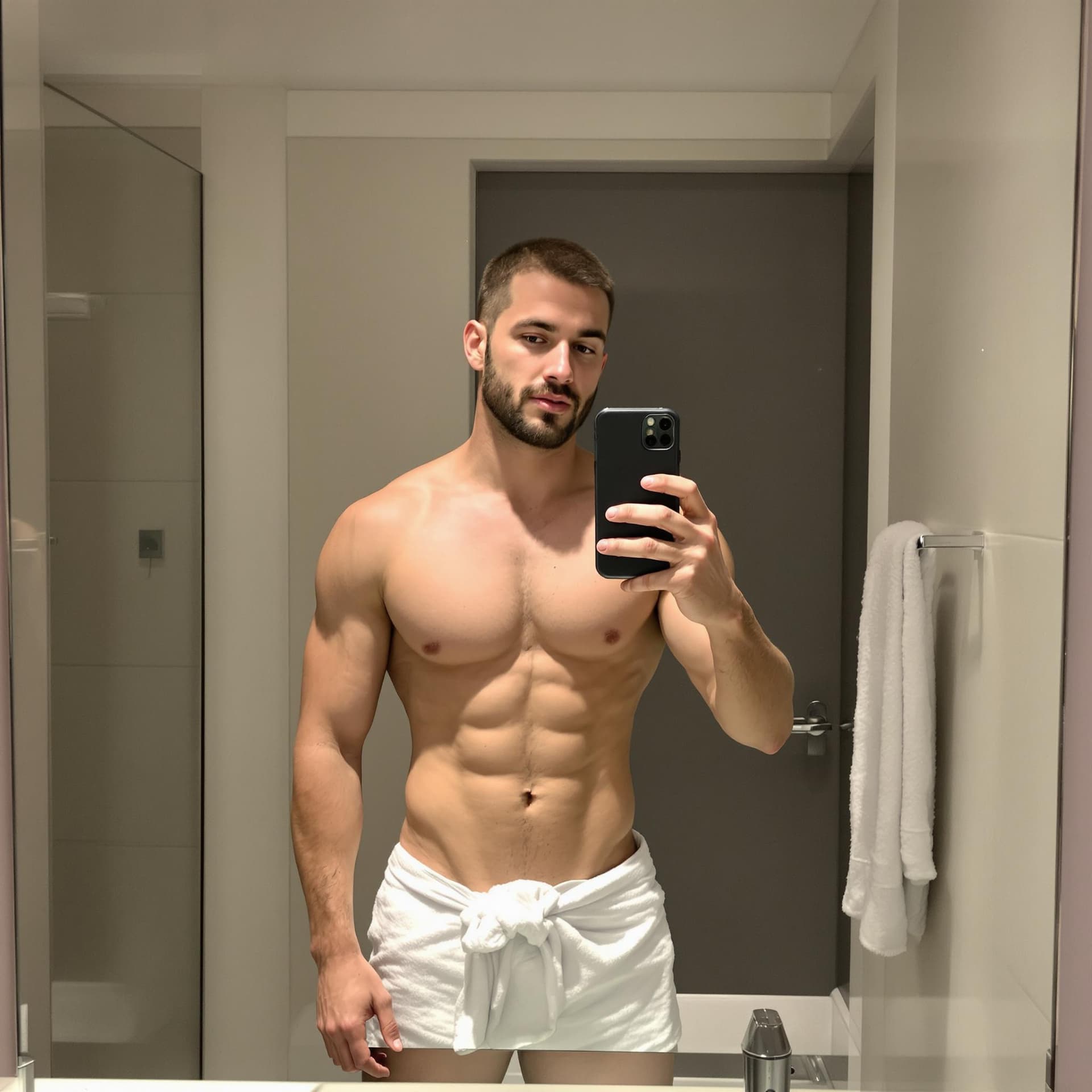 AI generated: A European man, 29 years old, with short brown hair, standing in front of a mirror taking a selfie w...