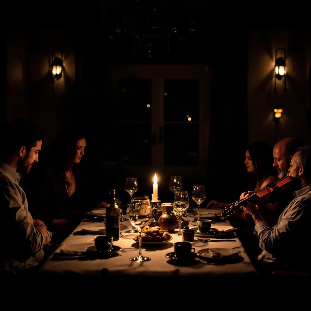 AI generated: A fado dinner in Lisbon with a group of people for a company retreat. A fado singer is performing wi...