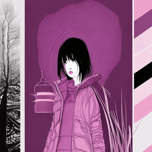 AI generated: Flat illustration, line art, Types of Minimalists, a female artist painting, Tsutomu Nihei, purple l...