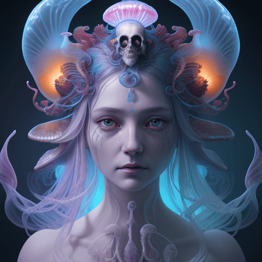 AI generated: Goddess close-up portrait ribcagel. jellyfish phoenix head, nautilus, orchid, skull, betta fish, bio...