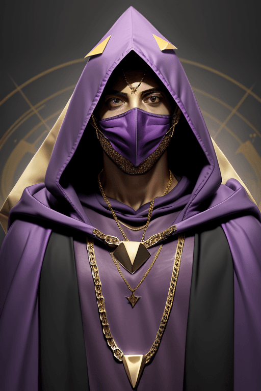 AI generated: Man in purple cloak hood, one big triangle mask, gold chains and jewellery. Invisible face