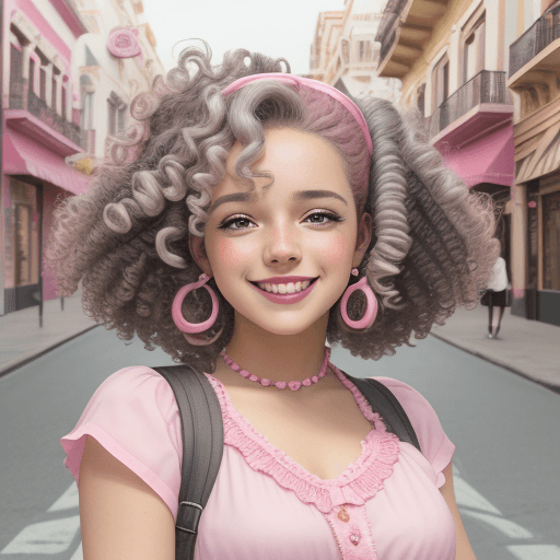 AI generated: woman smiling in pink and white with curly hair, in the style of y2k aesthetic,  Spanish pop culture...