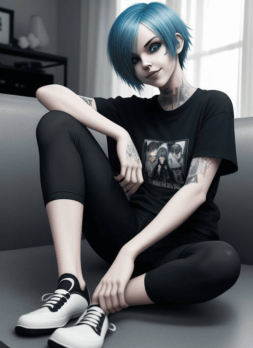 AI generated: Emo Woman,, looking at the camera, emo band tshirt, slender thighs, exercise shorts, lounging on a c...