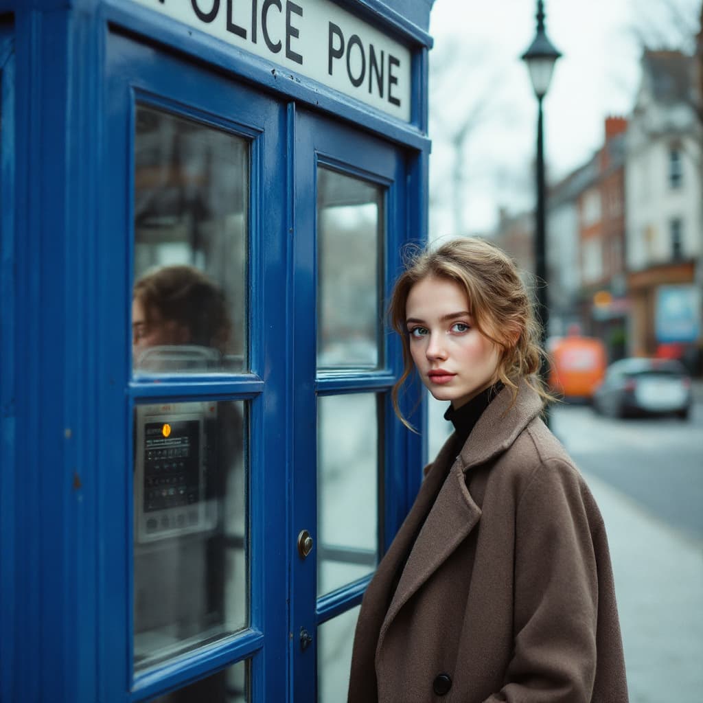 AI generated: Dr.WHO ,Jodie Auckland Whittaker,pertty young female,she is 30year old, she is stand next totelephon...