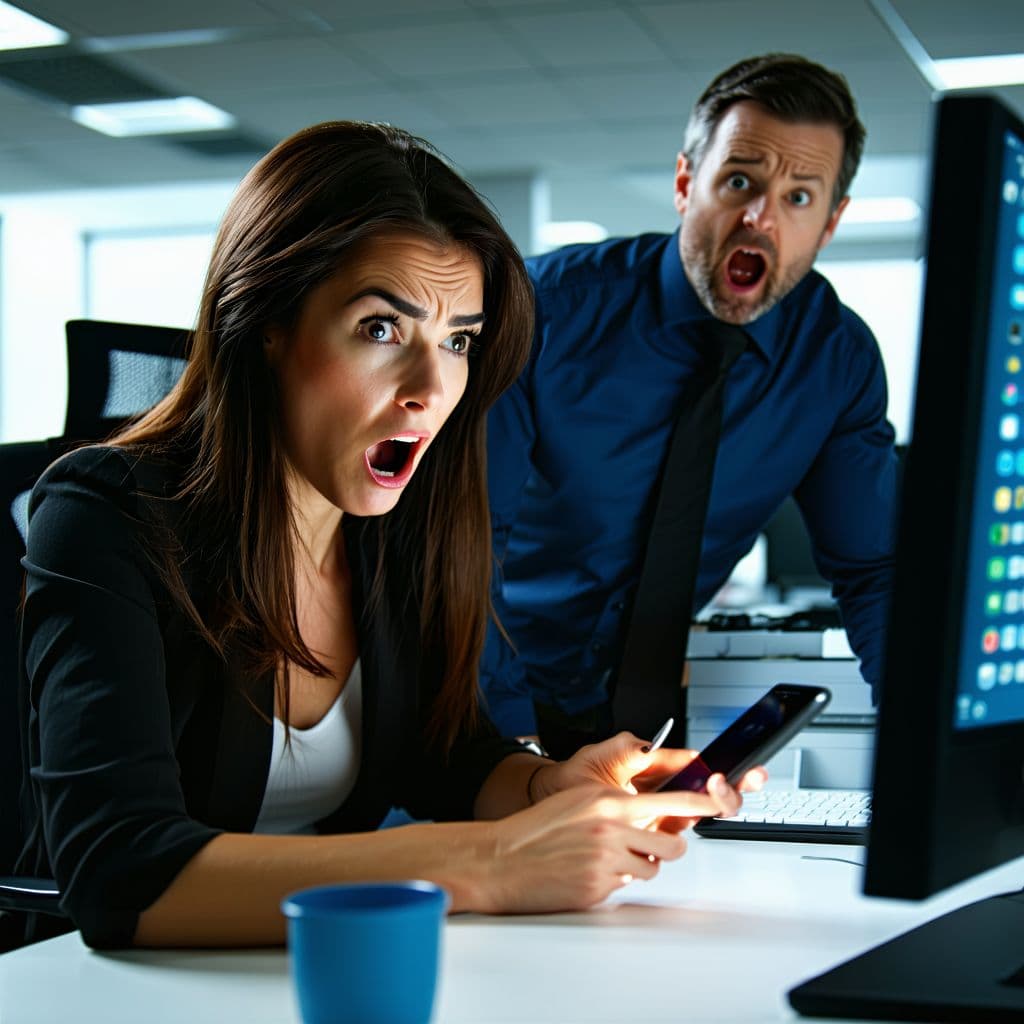 AI generated: Open office setting, manager peering over a woman's shoulder at her computer screen, on her desk a p...