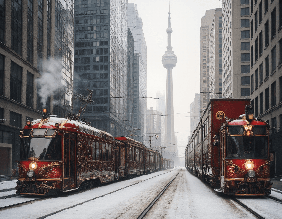 AI generated: Steampunk style Downtown Toronto in the style of Didier Graffet, Artstation, intricate design, red s...