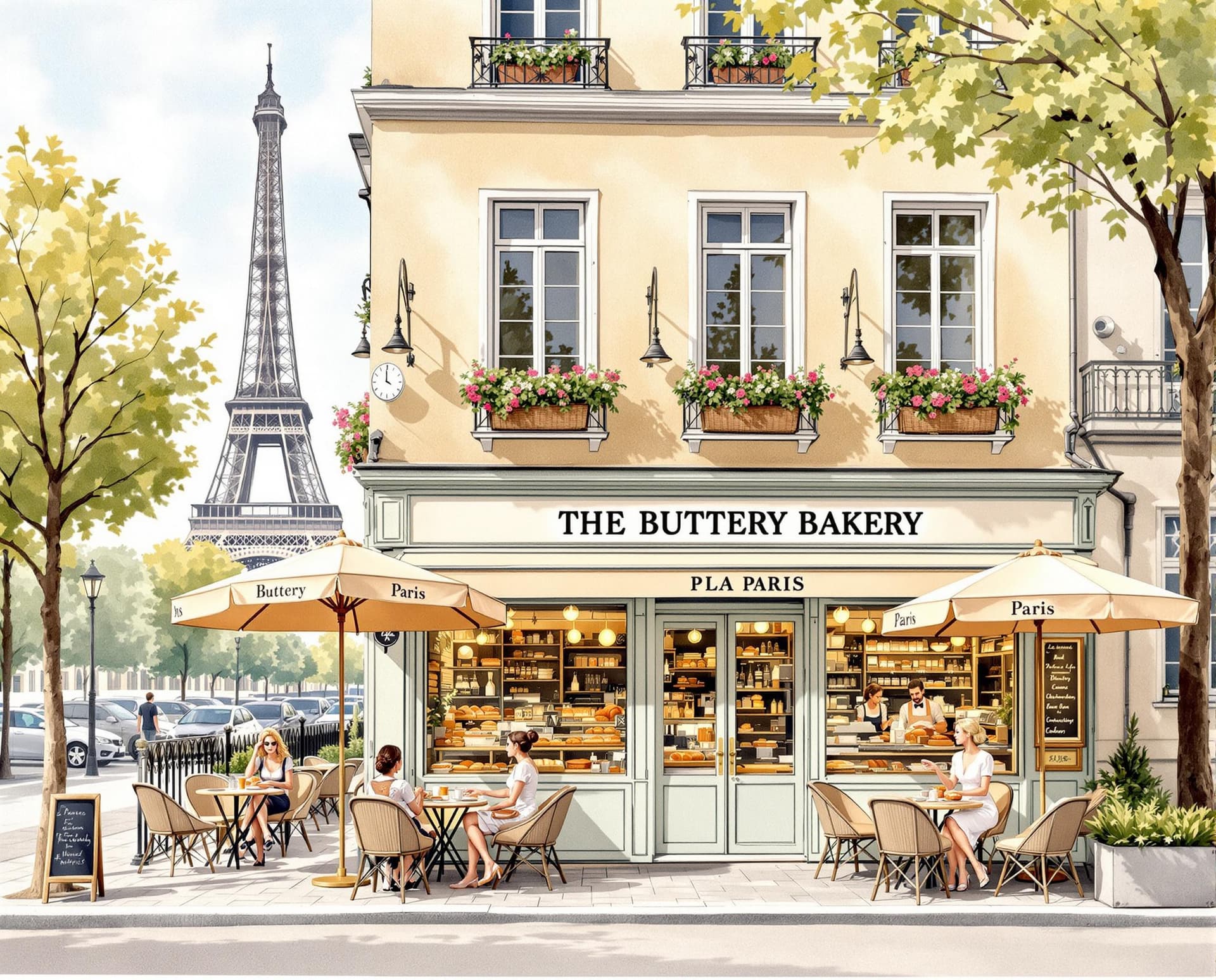 AI generated: The Buttery Bakery as if it’s being in paris, you can draw a watercolor of the bakery and add Eiffel...
