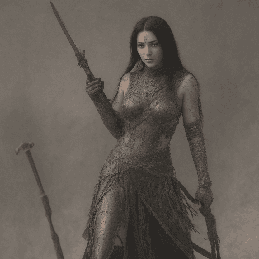 AI generated: A maiden, sword in hand, in a Norse village, long hip length jet black hair, a taut body with chisel...