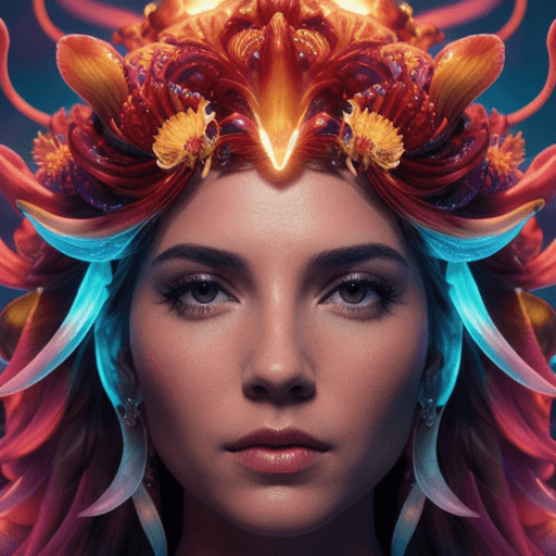 AI generated: Goddess close-up portrait ribcagel. jellyfish phoenix head, nautilus, orchid, skull, betta fish, bio...