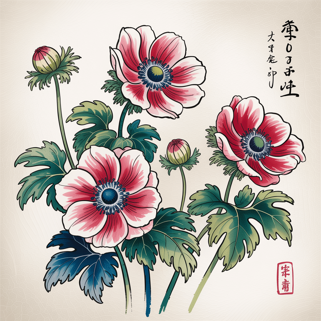 AI generated: Ukiyo-e style anemone flowers, delicate brushwork, ink stamp at bottom right --chaos 50 --ar 1:2 --s...