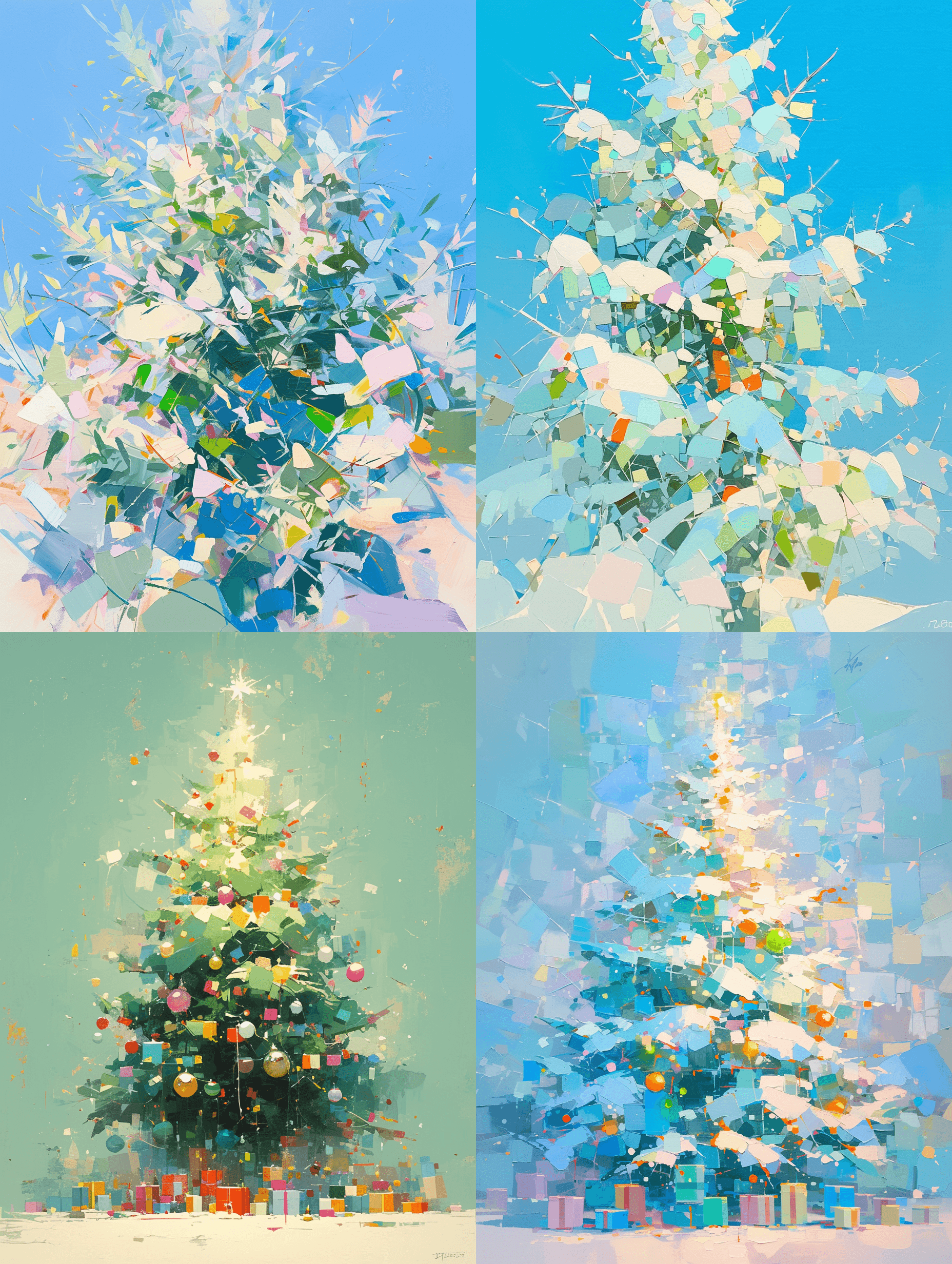AI generated: Abstract oil painting of Christmas tree, pastel colors splash, green leaves --s 180