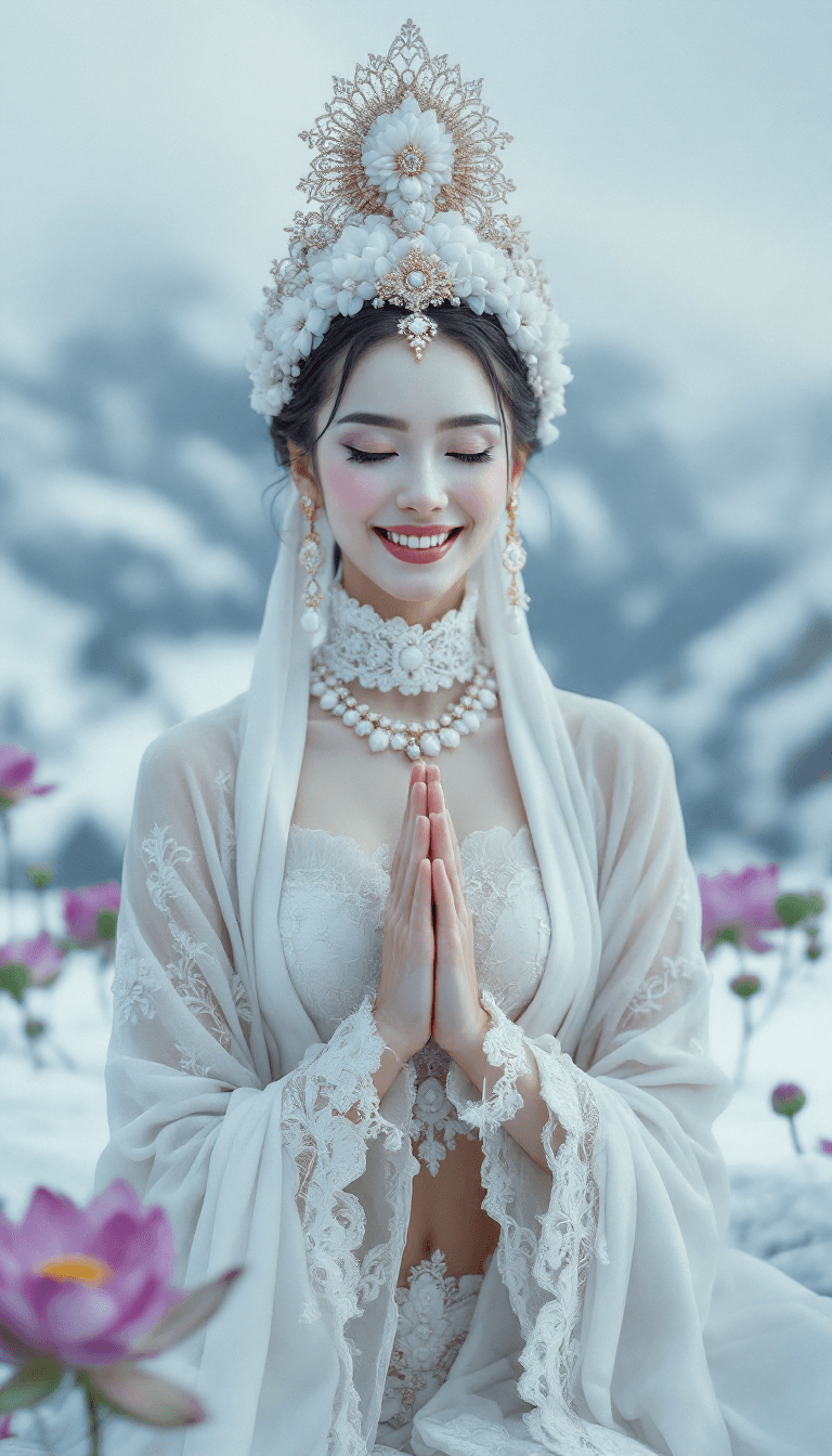 AI generated: Candid closeup photo of a giggling eccentric traditional Siberian queen doing yoga, on top of snowy ...